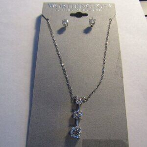 New on Card WORTHINGTON CZ Cubic Zirconia Signed 925 3 Stone NECKLACE & Earrings